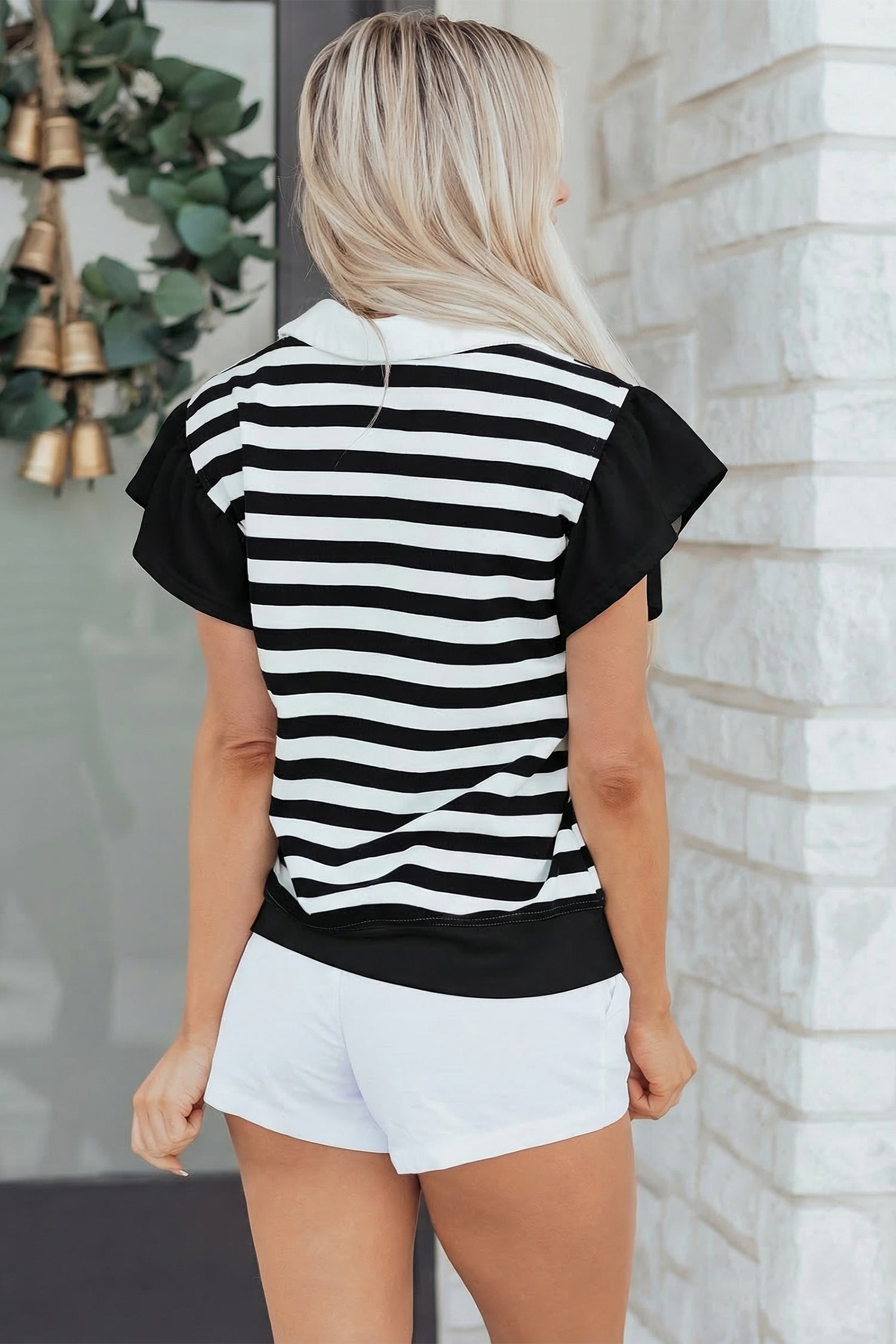 Pink Stripe Collar V Neck Ruffled Short Sleeve Blouse