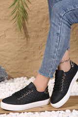 Black Quilted Lack Up Sneakers