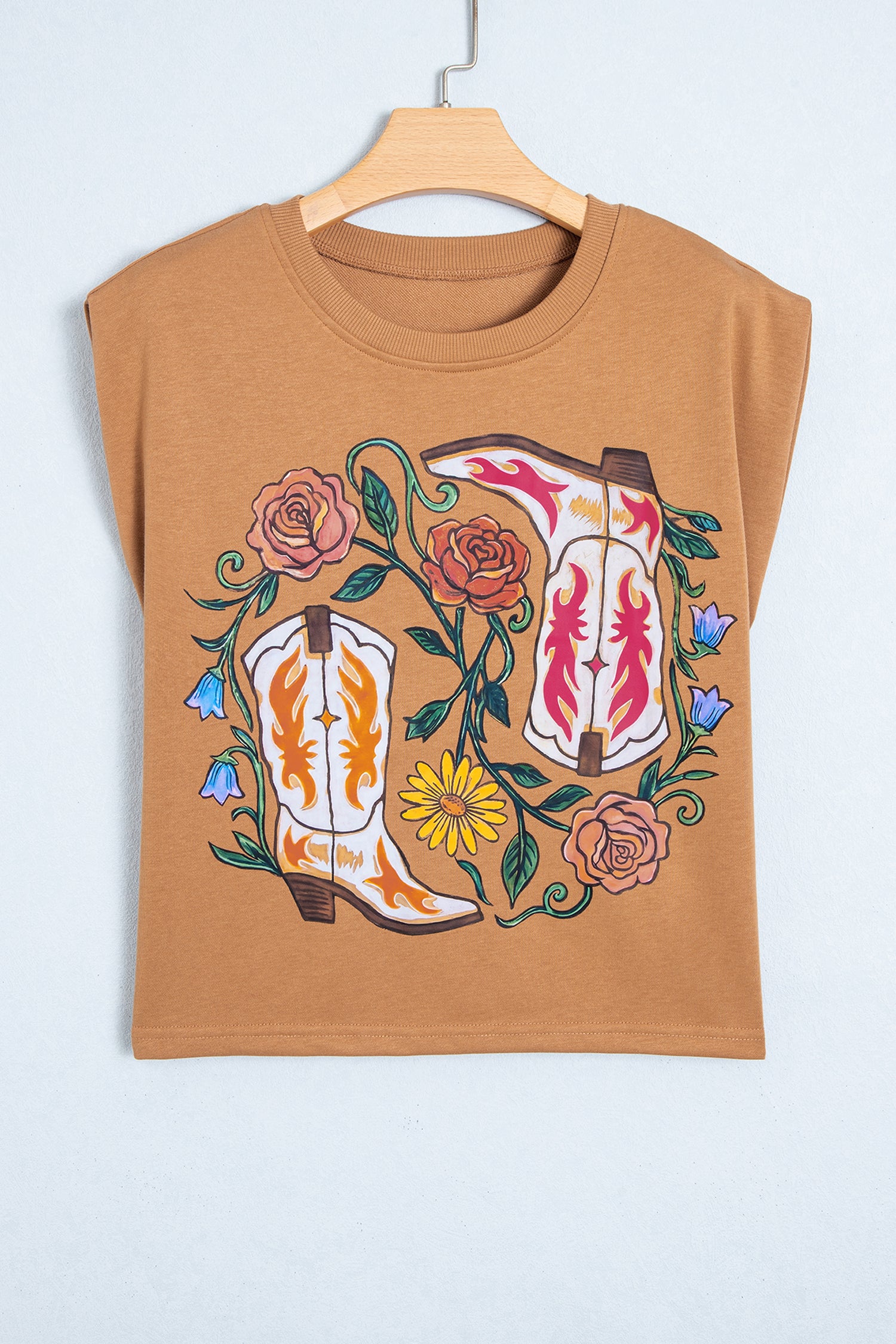 Camel Western Boots Flower Printed Sleeveless Loose Tank Top