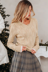 Smoke Gray Pearl Beaded Pointelle Knit V Neck Lace Patchwork Sleeve Sweater