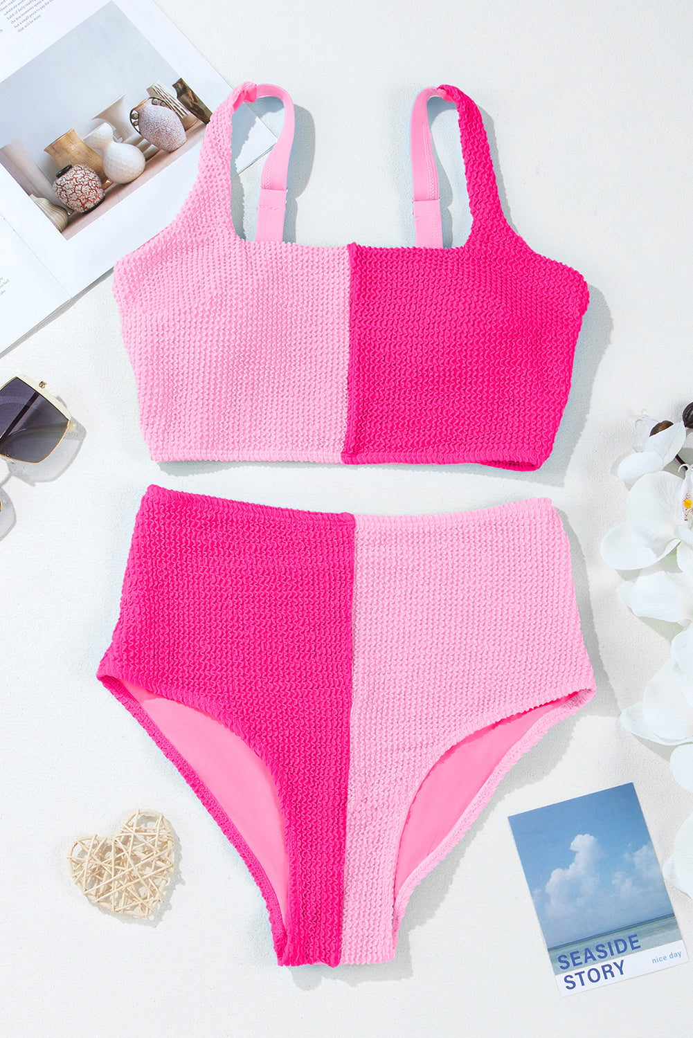 White Corded Colorblock Square Neck Bikini Swimsuit