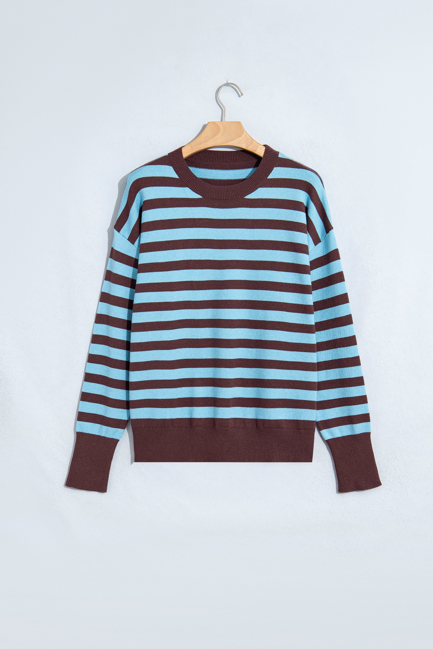 Brown Stripe Color Block Loose Crew Neck Cuffed Sweater