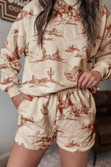Beige Western Print Loose Fit Long Sleeve Top Short Set