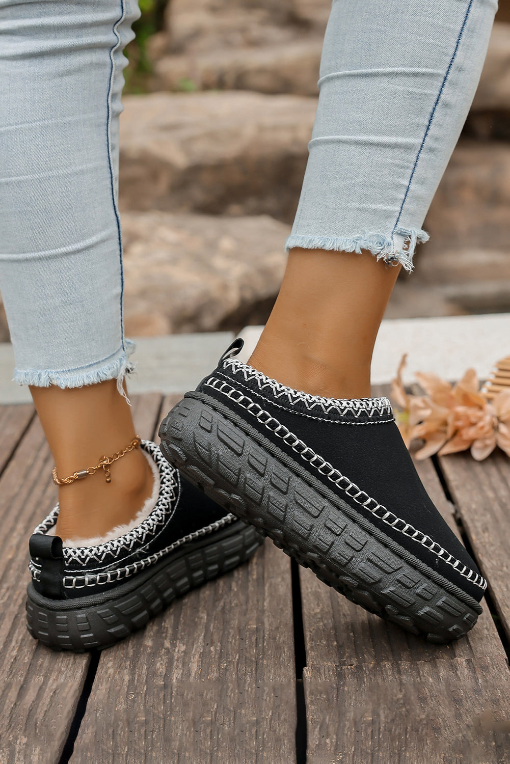 Coffee Faux Suede Woven Trim Plush Lining Platform Slippers