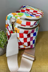 White Pretty Checkerboard Canvas Double Zip Crossbody Bag