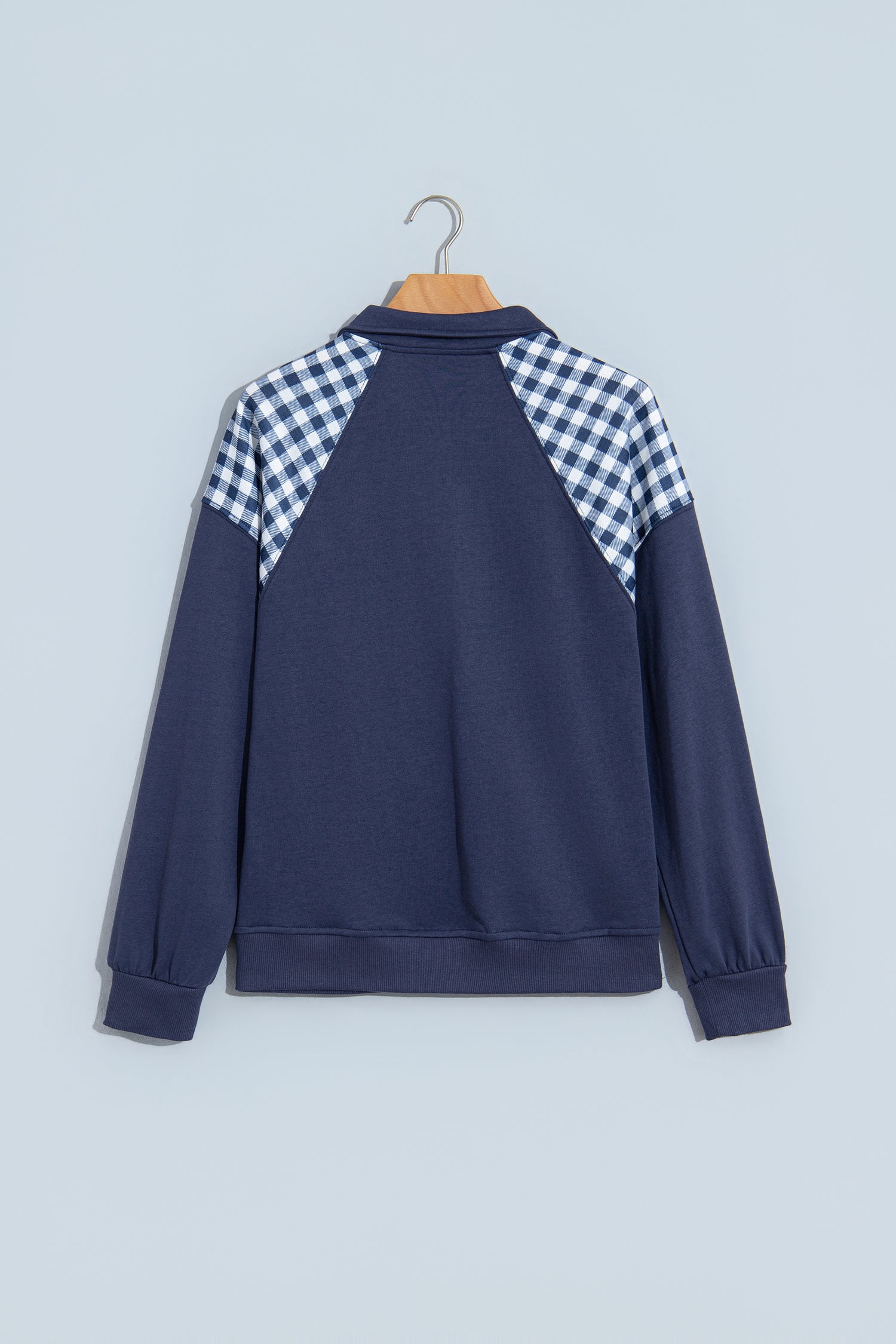 Navy Blue Patchwork Plaid Pocket Quarter Zip Sweatshirt