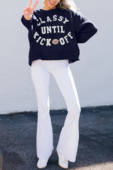 Navy Blue CLASSY UNTIL KICKOFF Plush Letter Patched Loose Sweatshirt