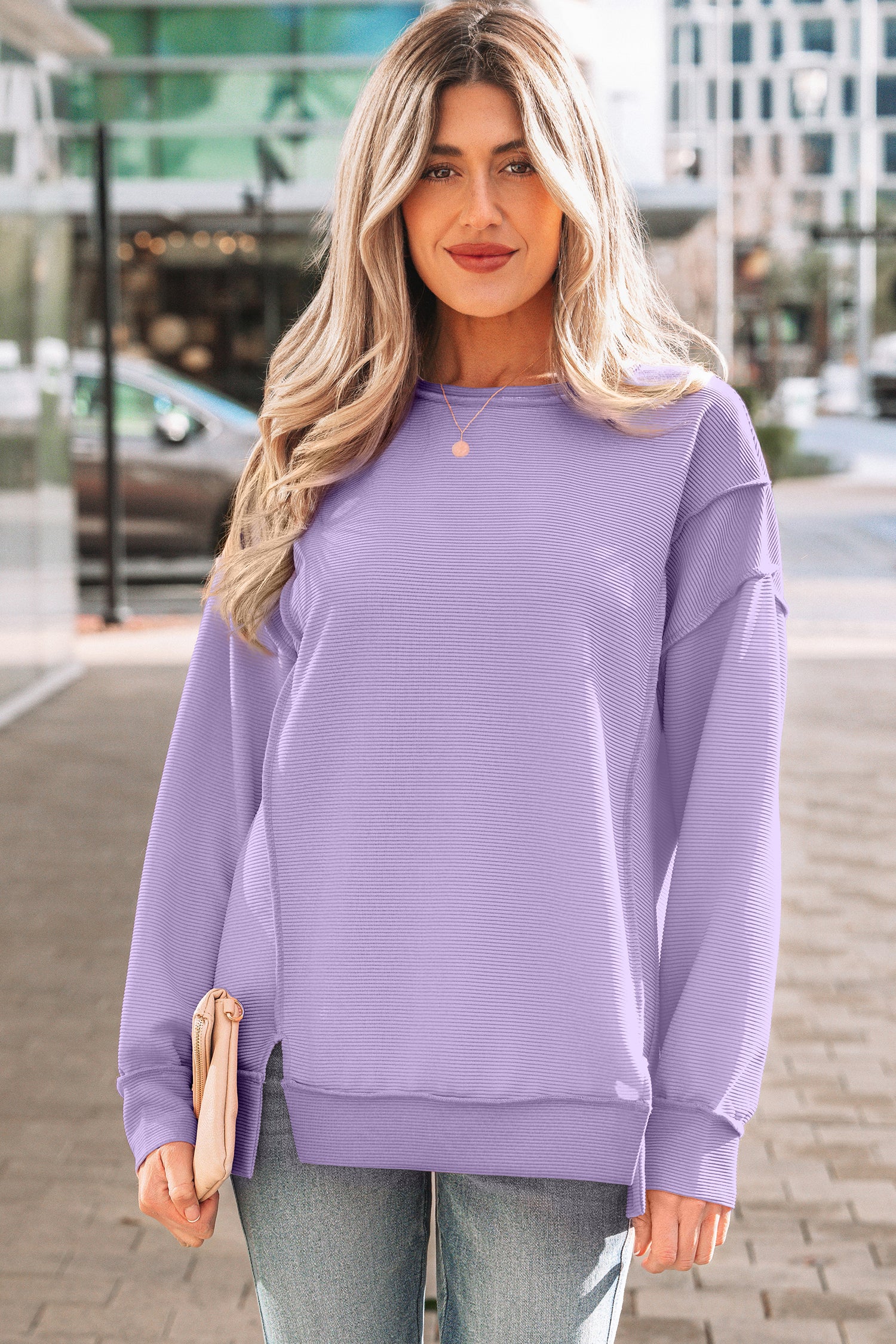 Sea Green Horizontal Ribbed Exposed Seam Detail Drop Shoulder Baggy Pullover