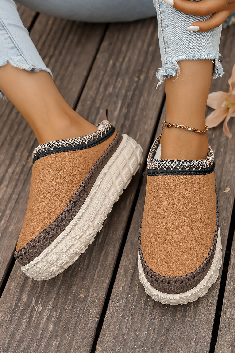 Coffee Faux Suede Woven Trim Plush Lining Platform Slippers