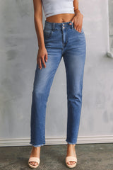 Sky Blue Double Button Raw Hem Slim Fit Jeans