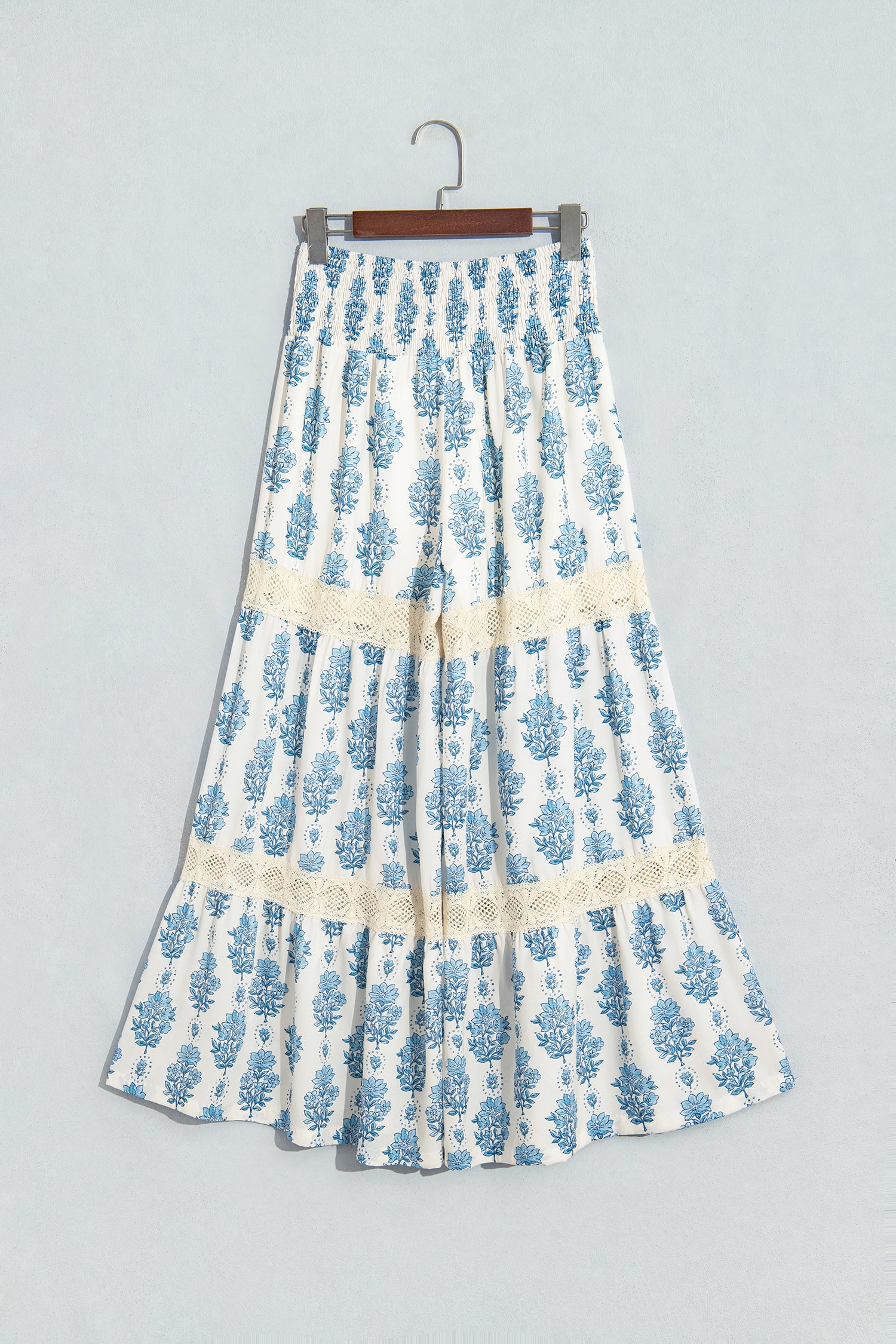 Sky Blue Floral Print Lace Patchwork Detail Wide Leg Pants
