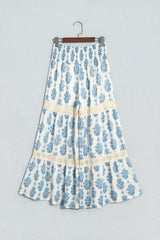 Sky Blue Floral Print Lace Patchwork Detail Wide Leg Pants