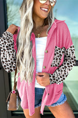 Rose Red Leopard Patchwork Twisted Ribbed Casual Shacket
