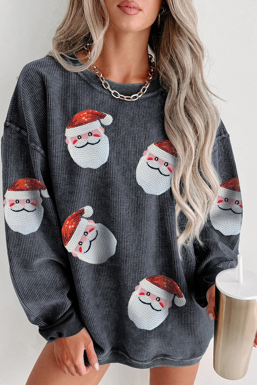 Gray Christmas Santa Claus Sequins Patch Corded Graphic Sweatshirt