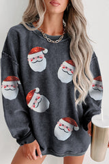 Gray Christmas Santa Claus Sequins Patch Corded Graphic Sweatshirt