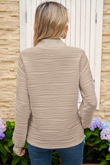 Parchment Solid Color Zipper V Neck Pullover Sweatshirt