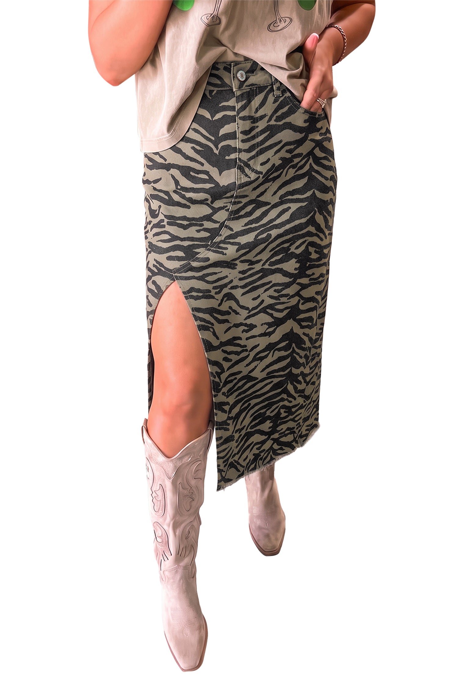 Brown Leopard Print Side Split Frayed Hem Denim Midi Skirt