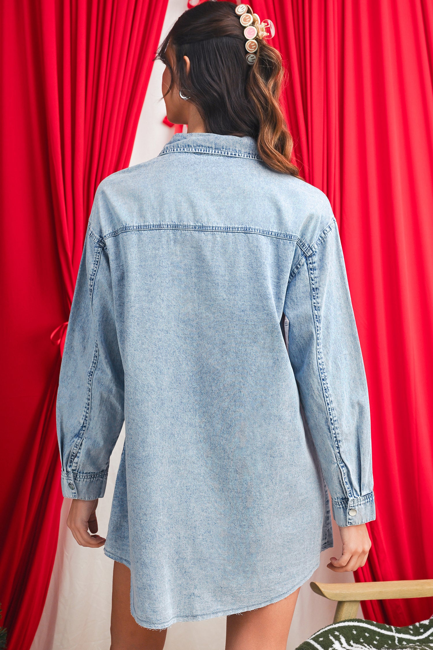 Blue Chest Pocket Raw Hem Denim Loose Shirt Dress