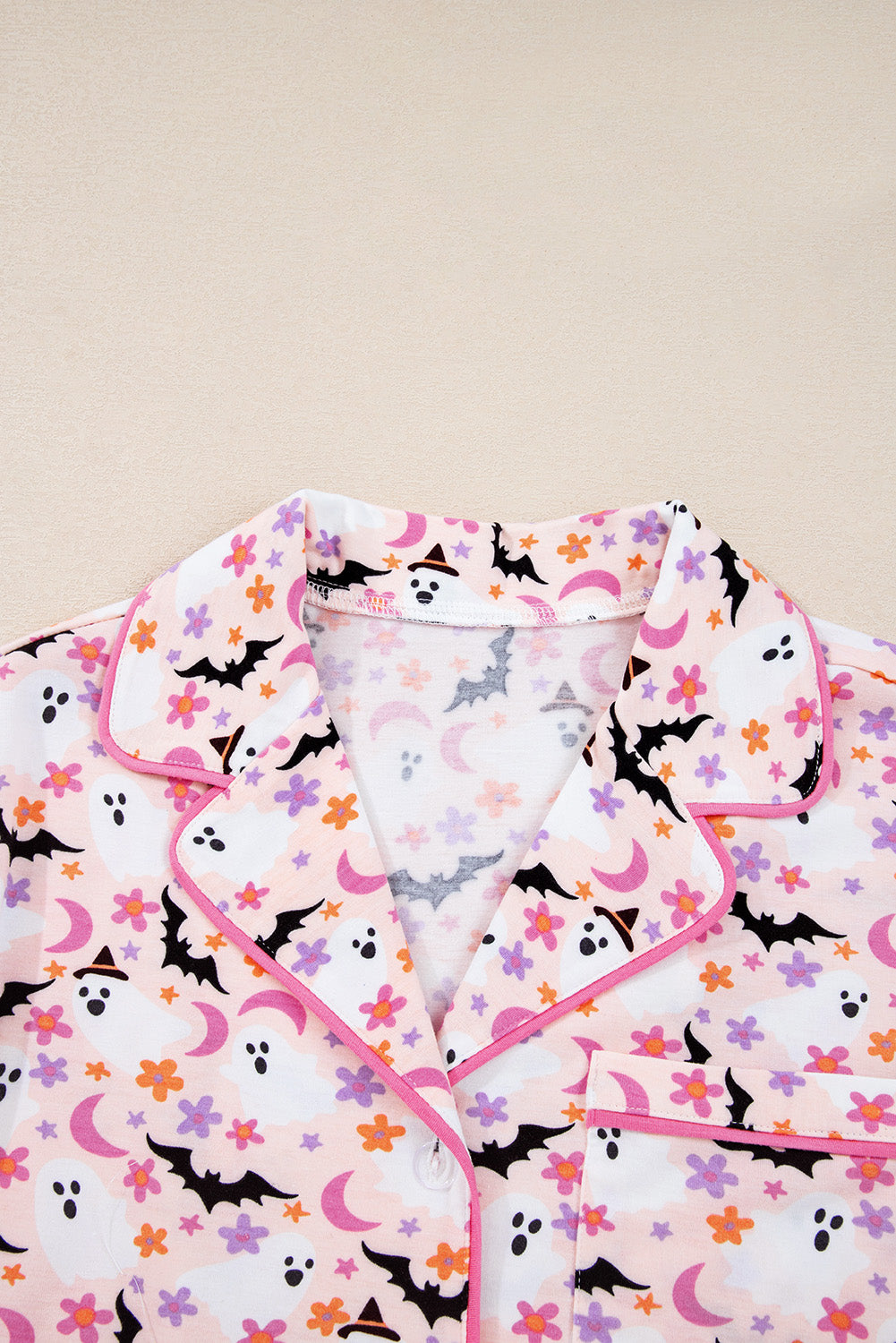 Pink Cute Floral Halloween Ghost Print Long Pajama Set