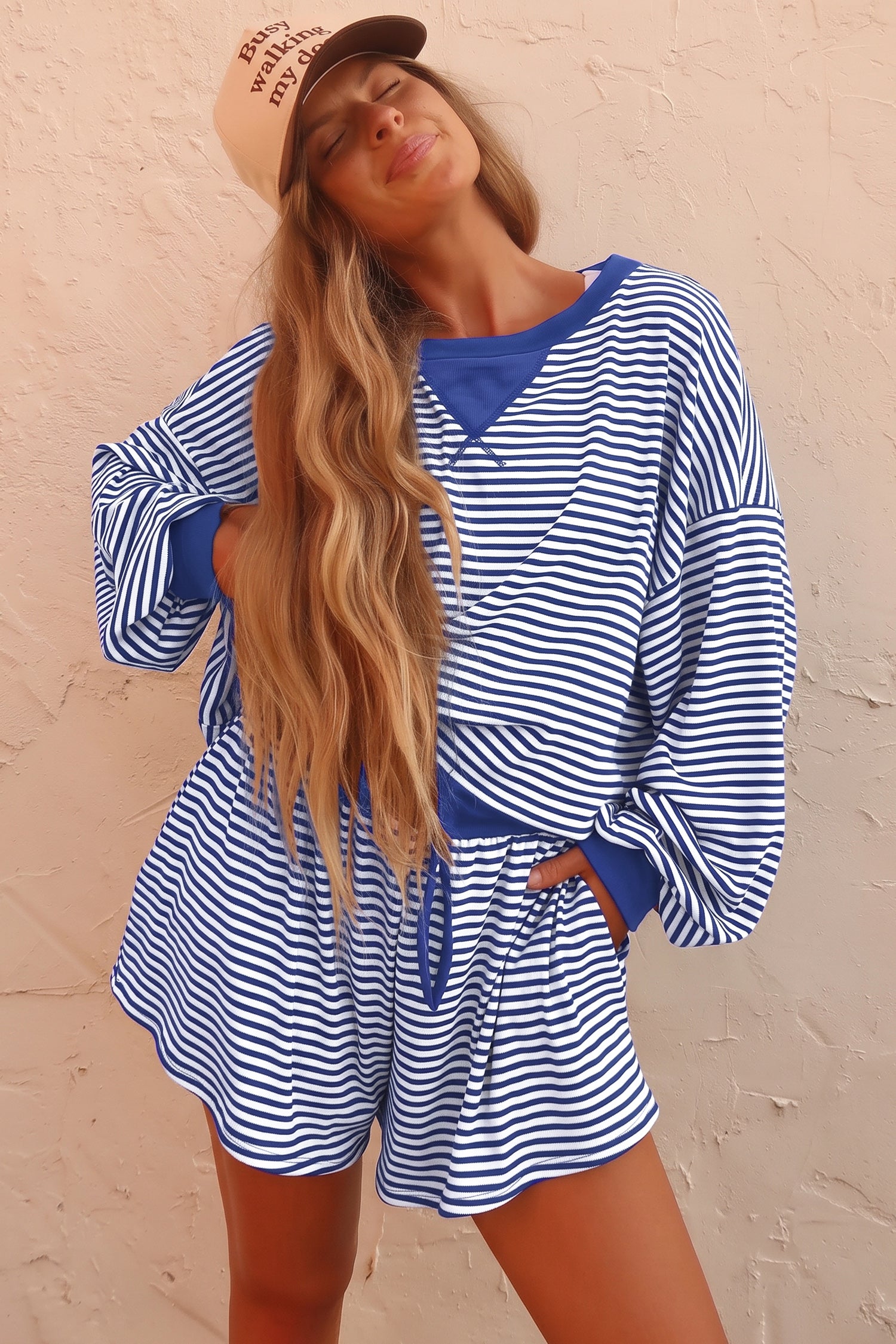 Brown Stripe Oversized Long Sleeve Top Drawstring Loose Shorts 2pcs Set