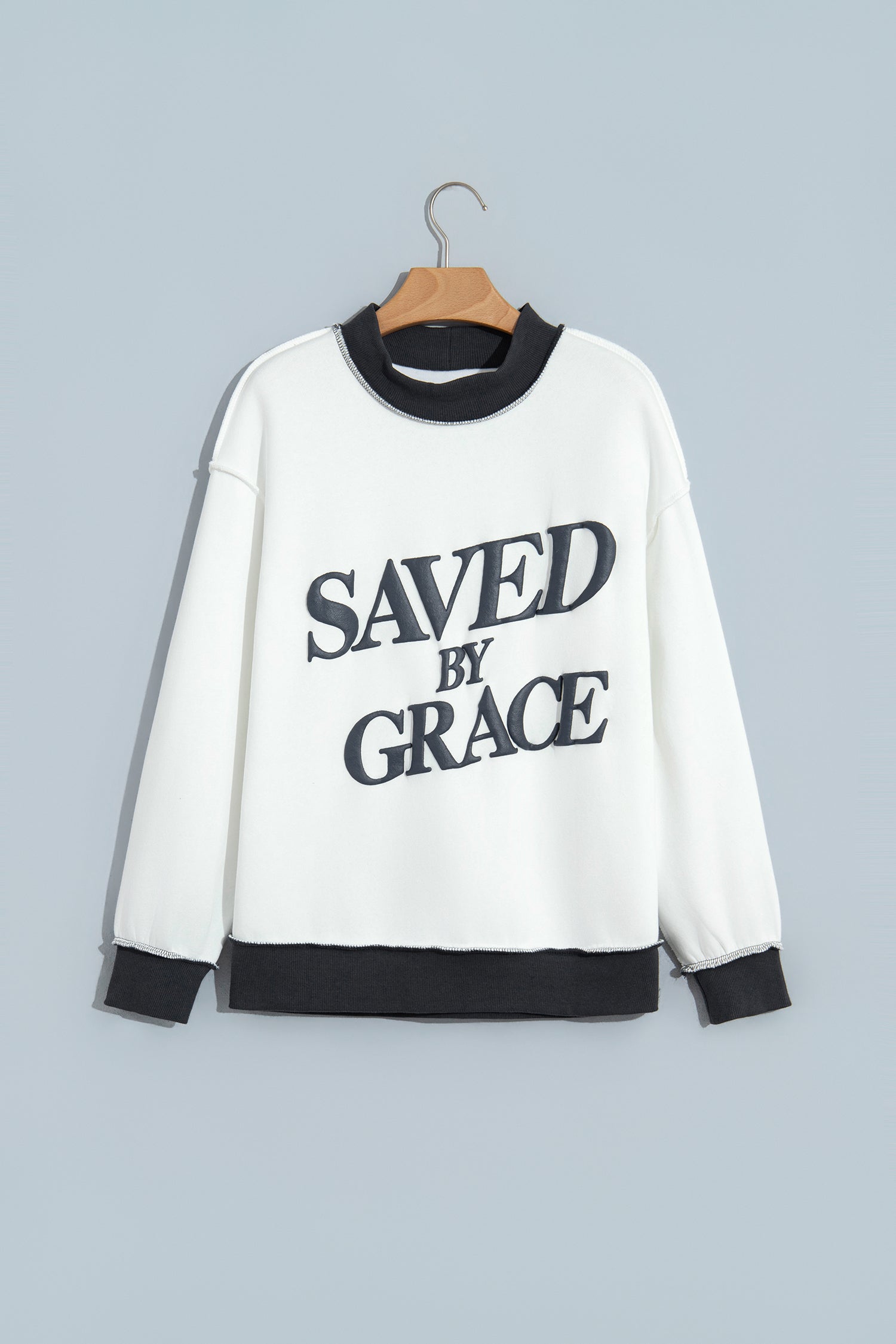 Beige Saved By Grace Print Color Block Mock Neck Oversized Sweatshirt