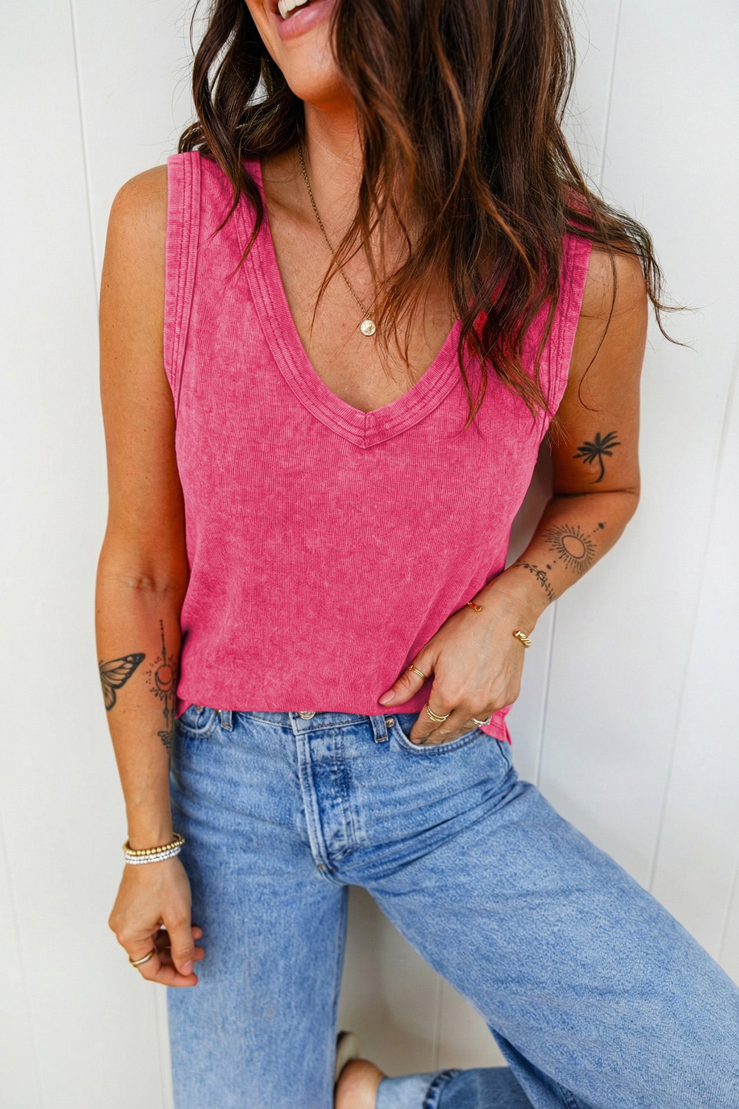 Red Dahlia Mineral Wash V Neck Tank Top