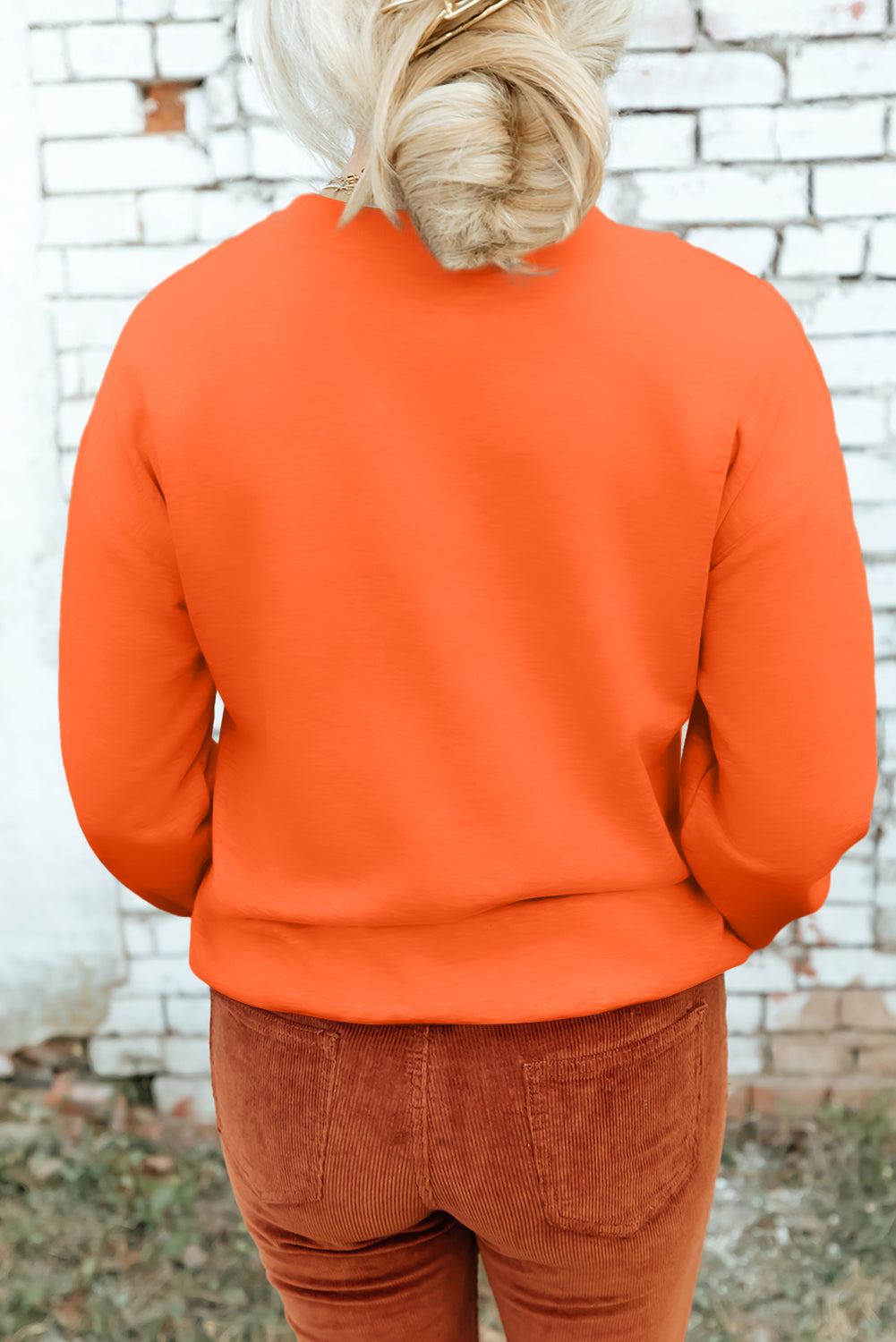 Orange Solid Color Classic Crewneck Pullover Sweatshirt