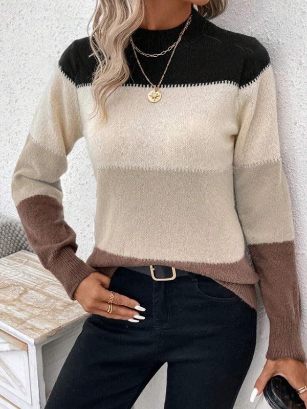 Contrast Color Pullover Round Neck Knitwear Casual Sweater