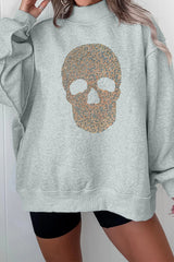 Gray Halloween Rhinestone Skull Graphic Mock Neck Baggy Pullover Sweatshirt