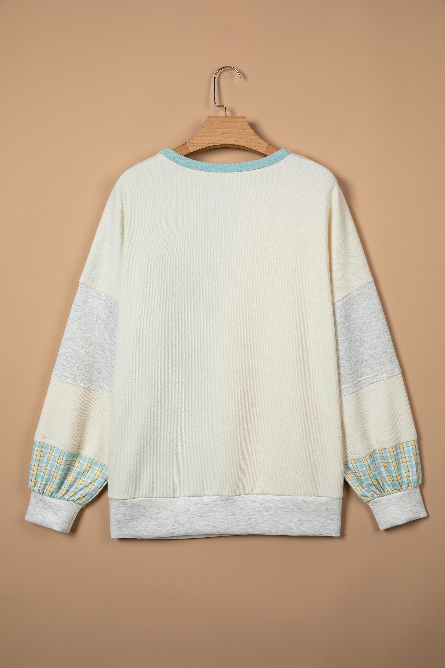 Light Blue Plaid Patchwork Round Neck Long Sleeve Top