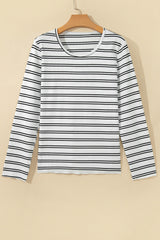 Beige Stripe Ribbed Knit Round Neck Long Sleeve Top