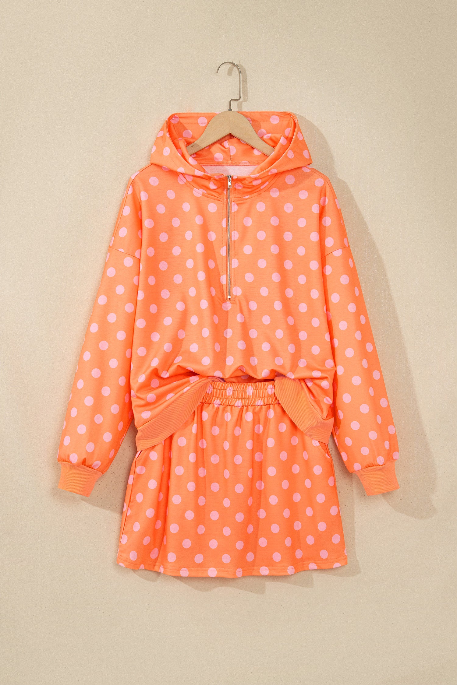 Orange Polka Dot Hooded Long Sleeve Top Casual Mini Skort Set