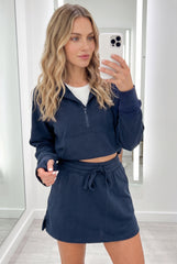 Navy Blue Long Sleeve Zip-Up Top Elastic Waist Skort Set
