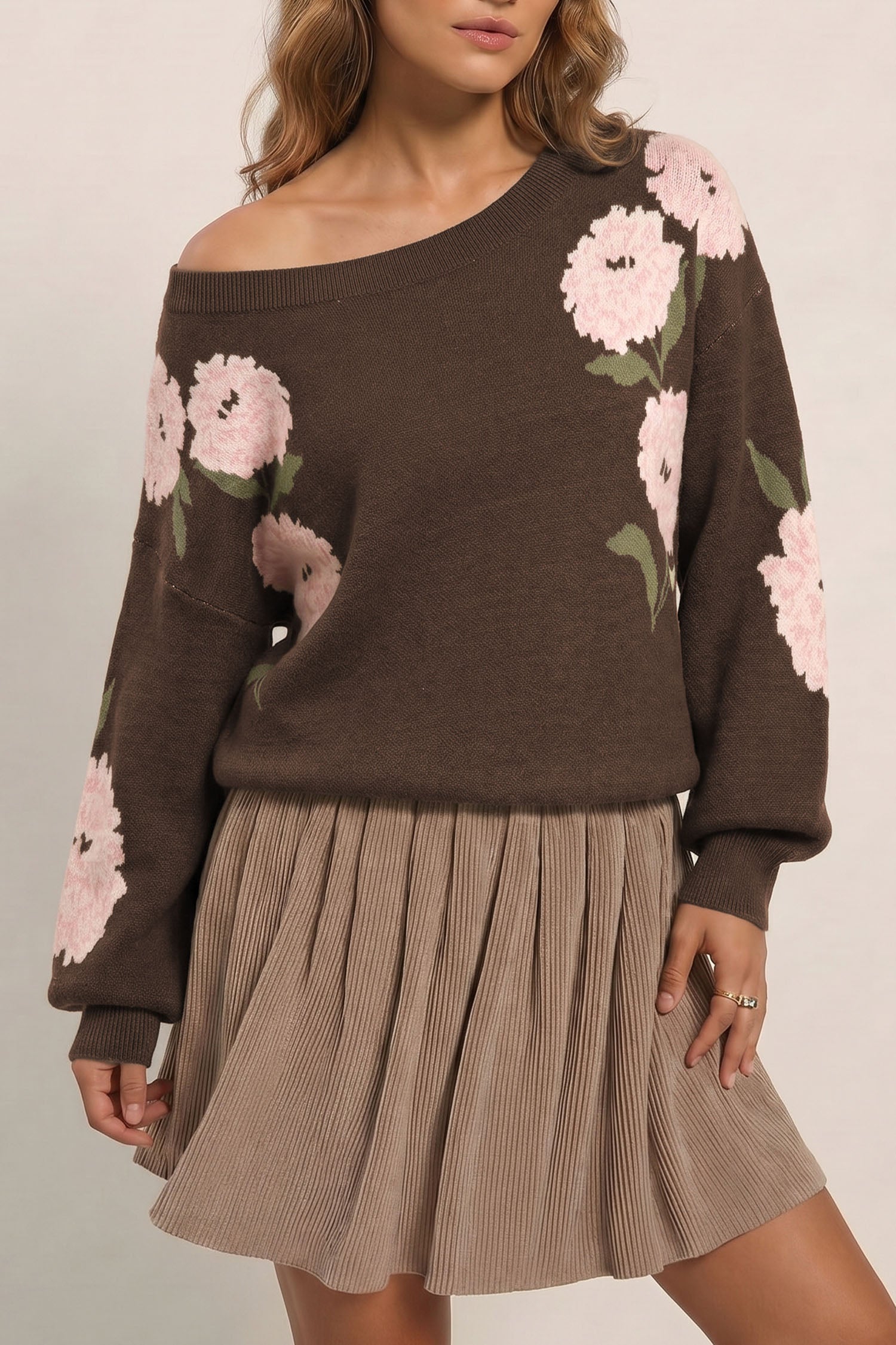 Dark Brown Floral Print Drop Shoulder Relaxed Pullover Sweater