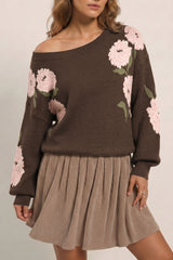 Dark Brown Floral Print Drop Shoulder Relaxed Pullover Sweater