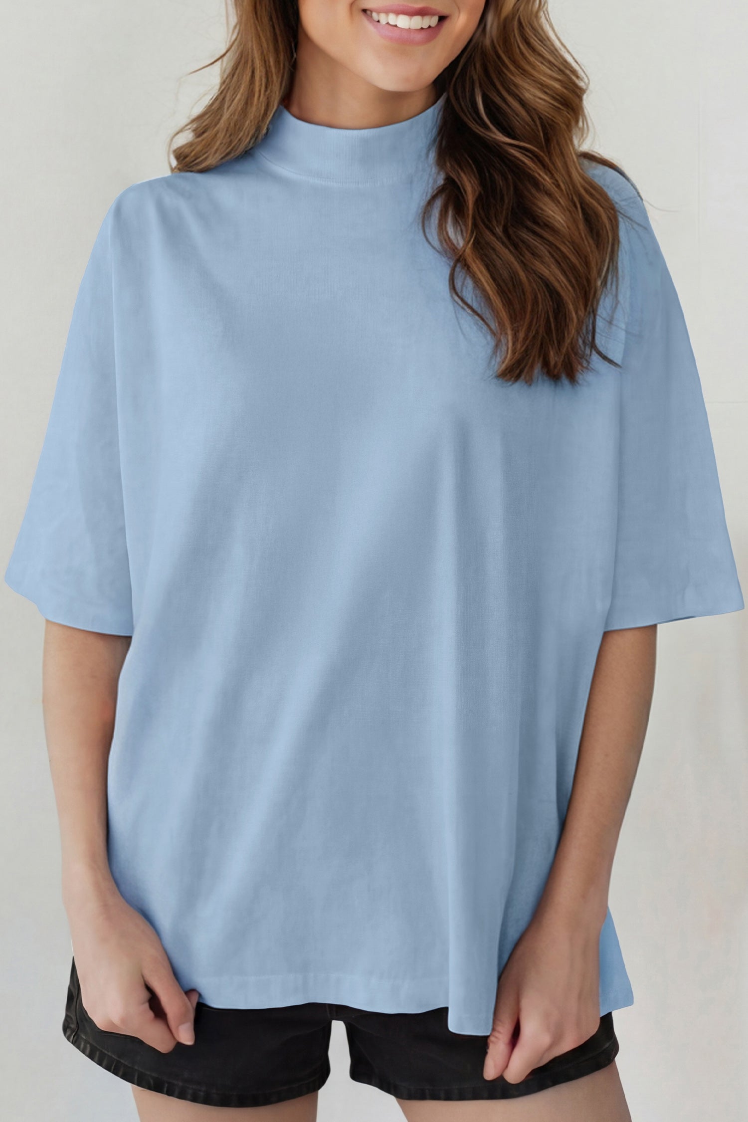 Dark Blue Solid Color High Neck Oversize Tee