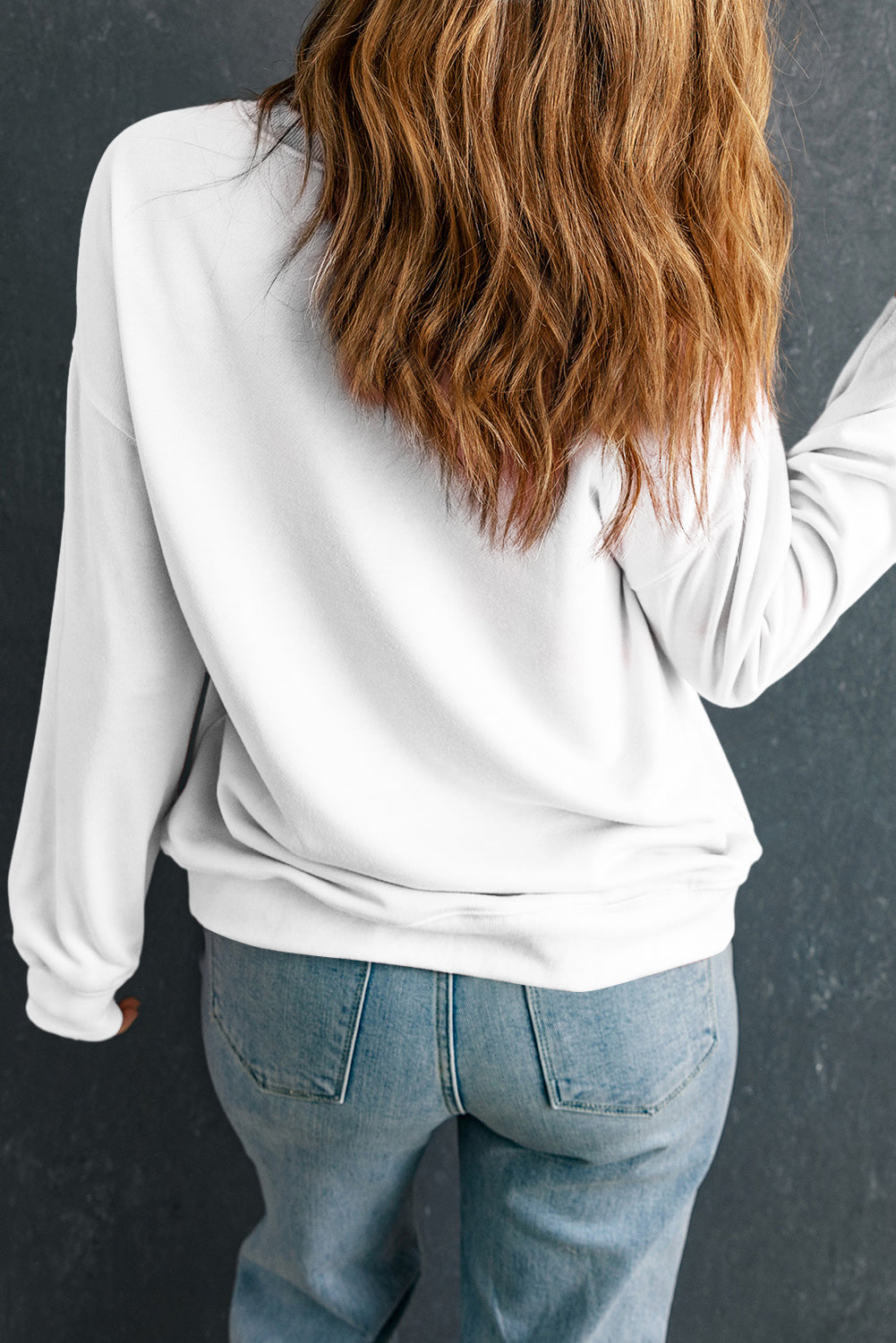 White Christmas Santa Claus Graphic Rhinestone Transfer Drop Shoulder Sweatshirt