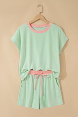 Clearly Aqua Soft Ribbed Color Block Trim Casual Short Set