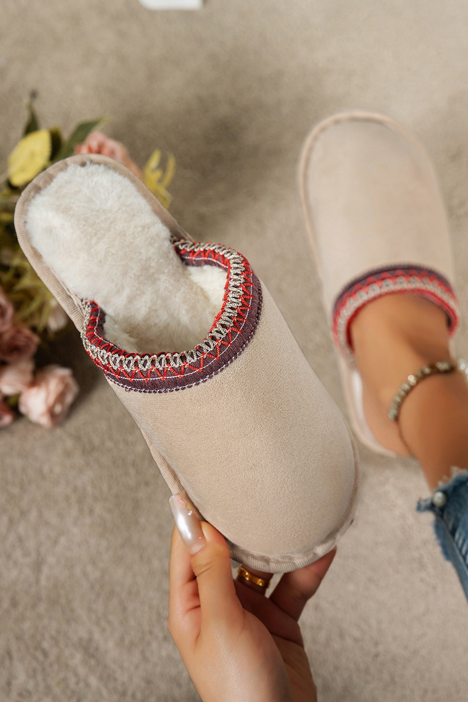 Gray Faux Suede Plush Liner Contrast Embroidered Detail Winter Slippers