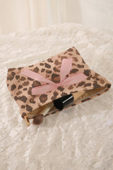 Camel Ribbon Bow Leopard Print Ribbed Cloth Makeup Bag