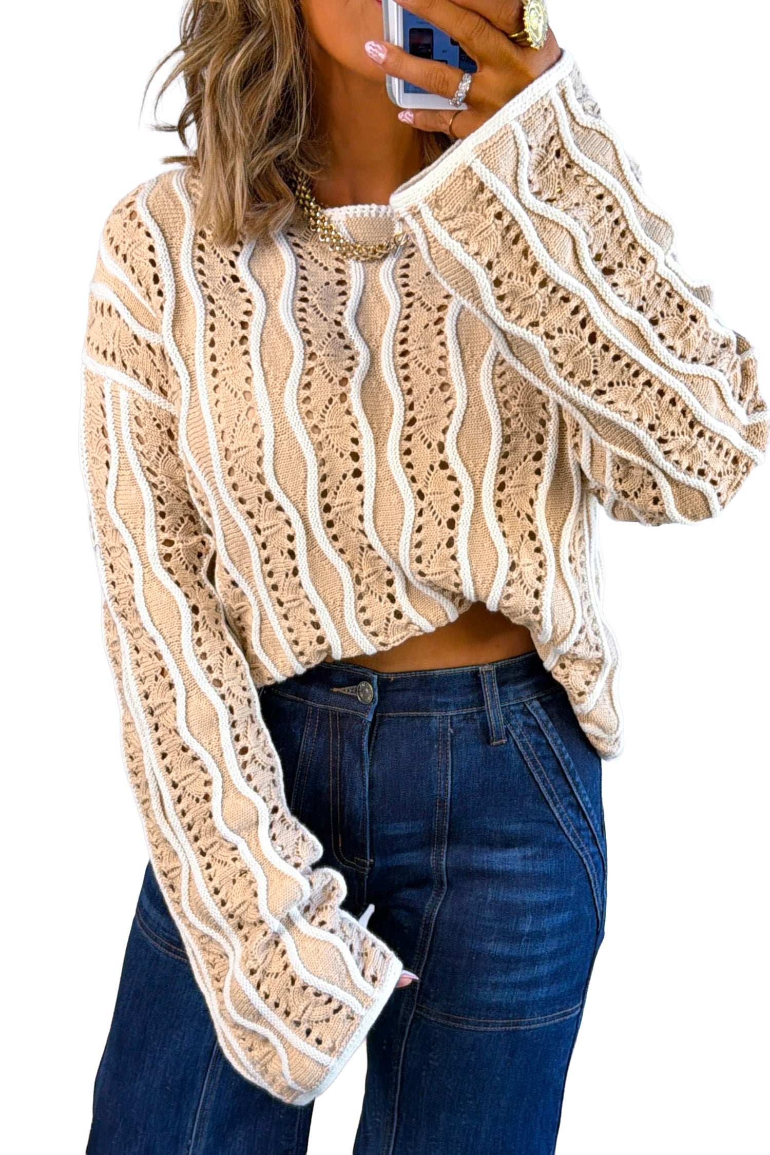 Pink Wavy Detail Hollow Out Knit Long Sleeve Cotton Pullover Sweater
