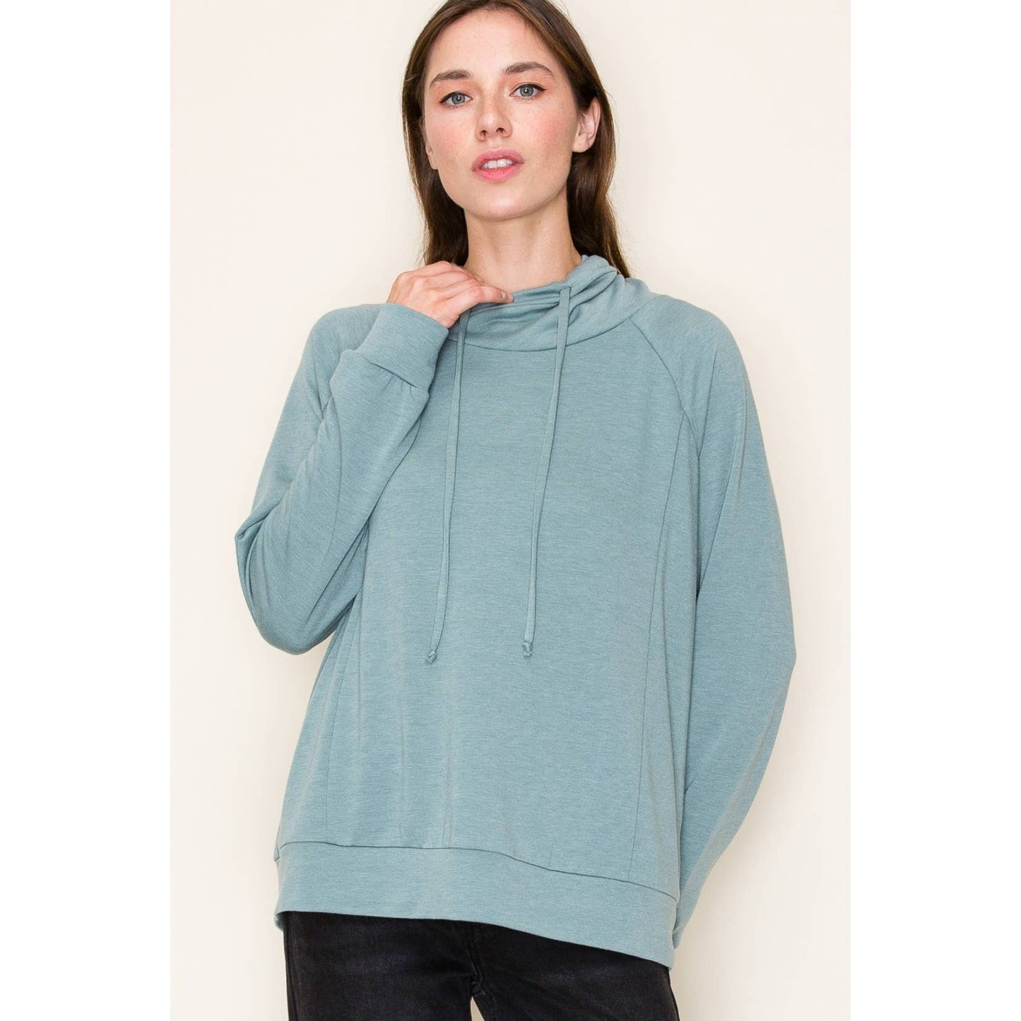 DRAWSTRING COWL NECK LONG SLEEVE FRENCH TERRY TOP