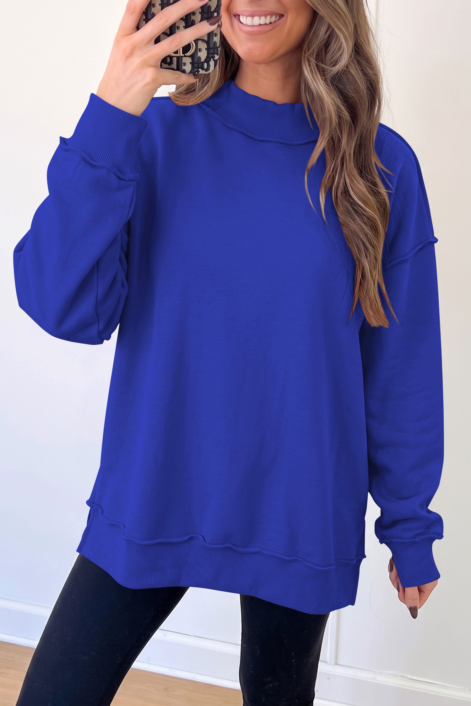 Black Oversize Drop Shoulder Reversible Mock Neck Sweatshirt