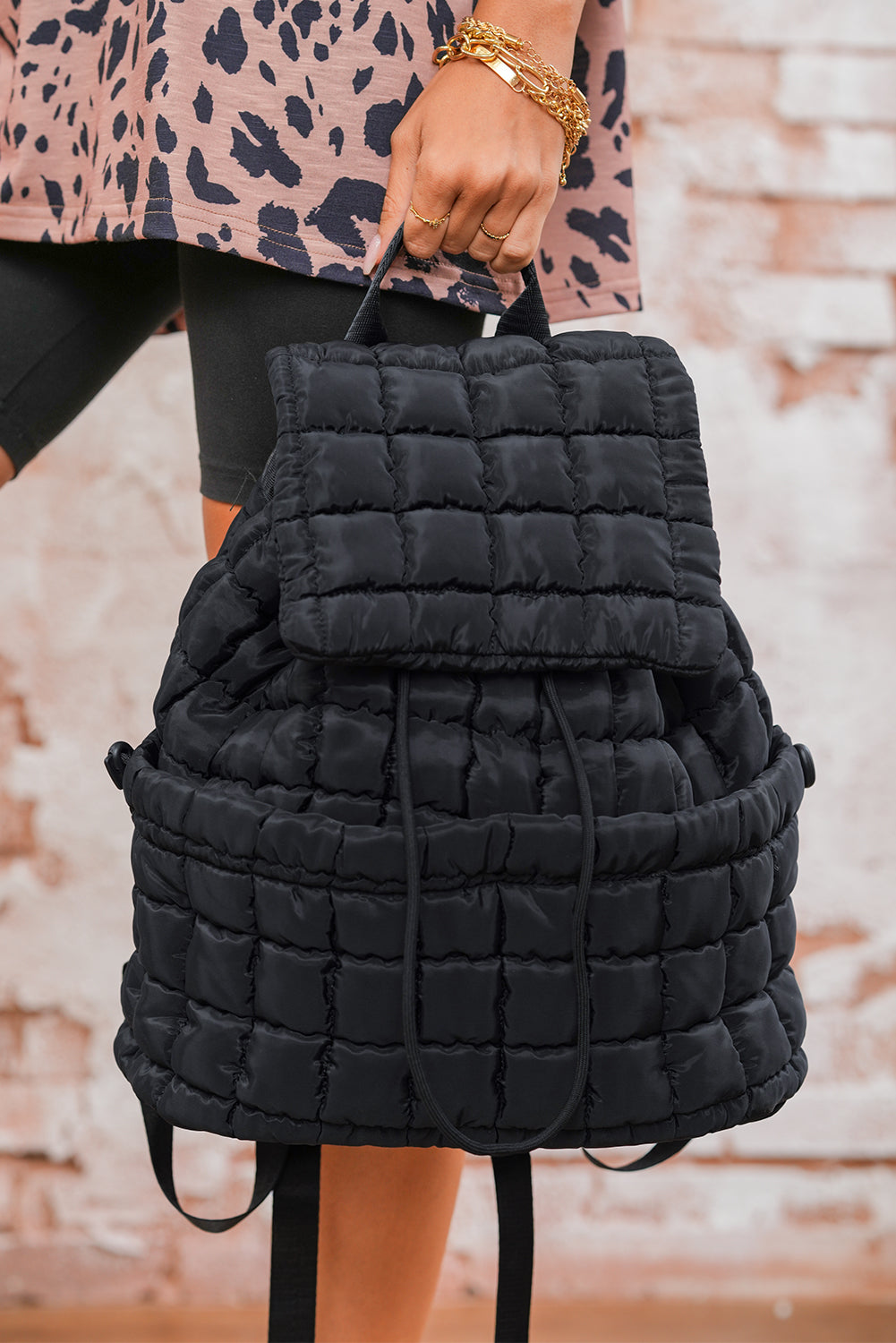 Medium Grey Solid Flapped Quilted Puffer Backpack