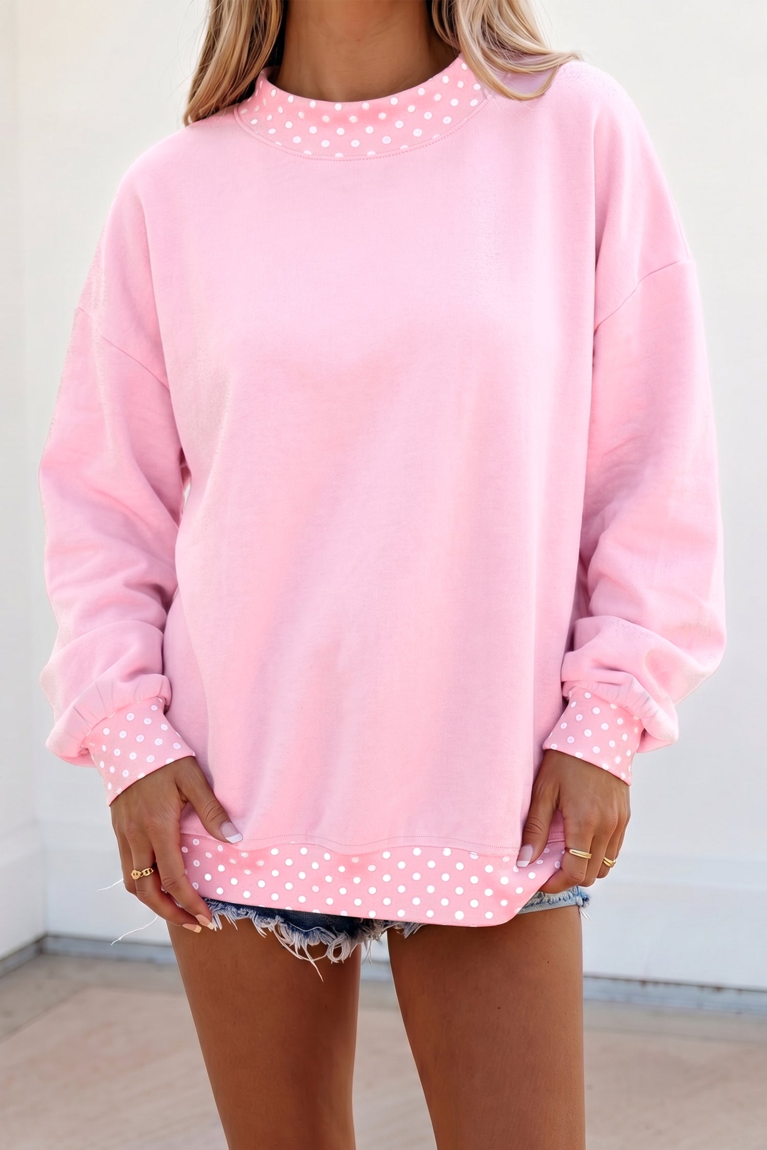 Dark Green Colorblock Polka Dot Contrast Trim Oversized Sweatshirt