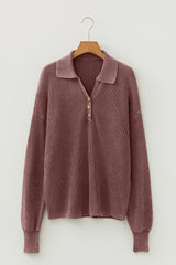 Dark Brown Mineral Washed Knit Button Polo Collar Loose Sweater