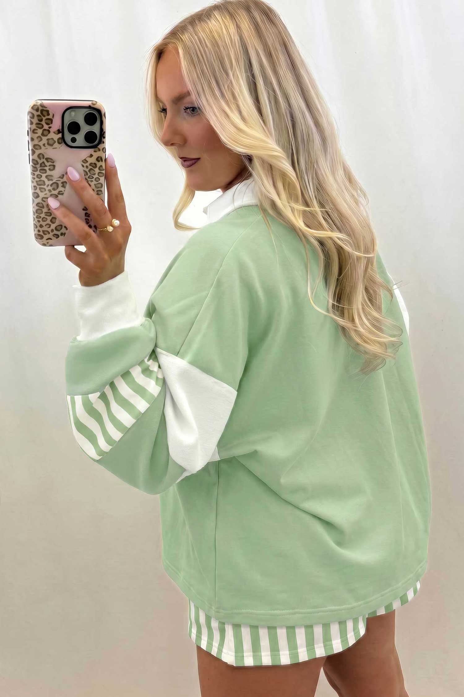Smoke Green Striped Color Block Pullover Top Drawstring Shorts Set