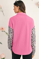 Rose Red Leopard Patchwork Twisted Ribbed Casual Shacket