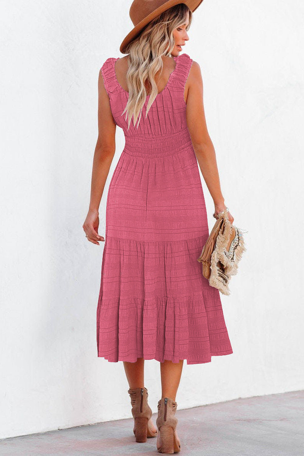 Rose Shirred Pleated Square Neck Sleeveless Midi Dress