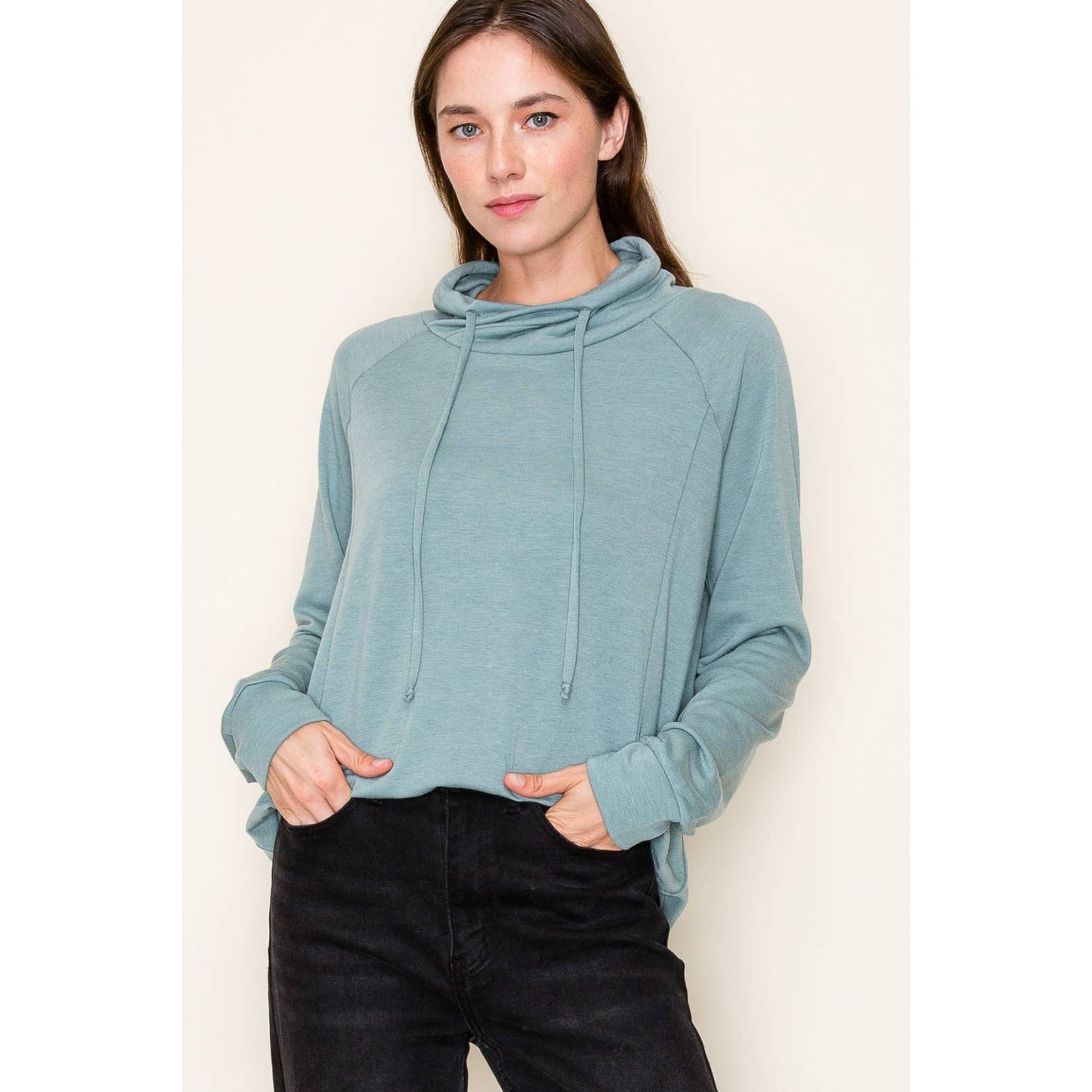 DRAWSTRING COWL NECK LONG SLEEVE FRENCH TERRY TOP